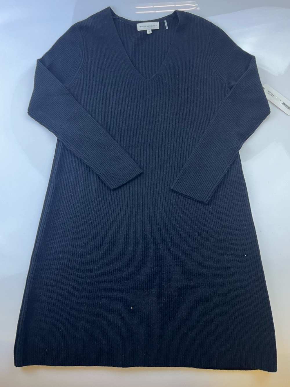 White+Warren Black Wool/Cashmere Ribbed V-neck Dress N260-24